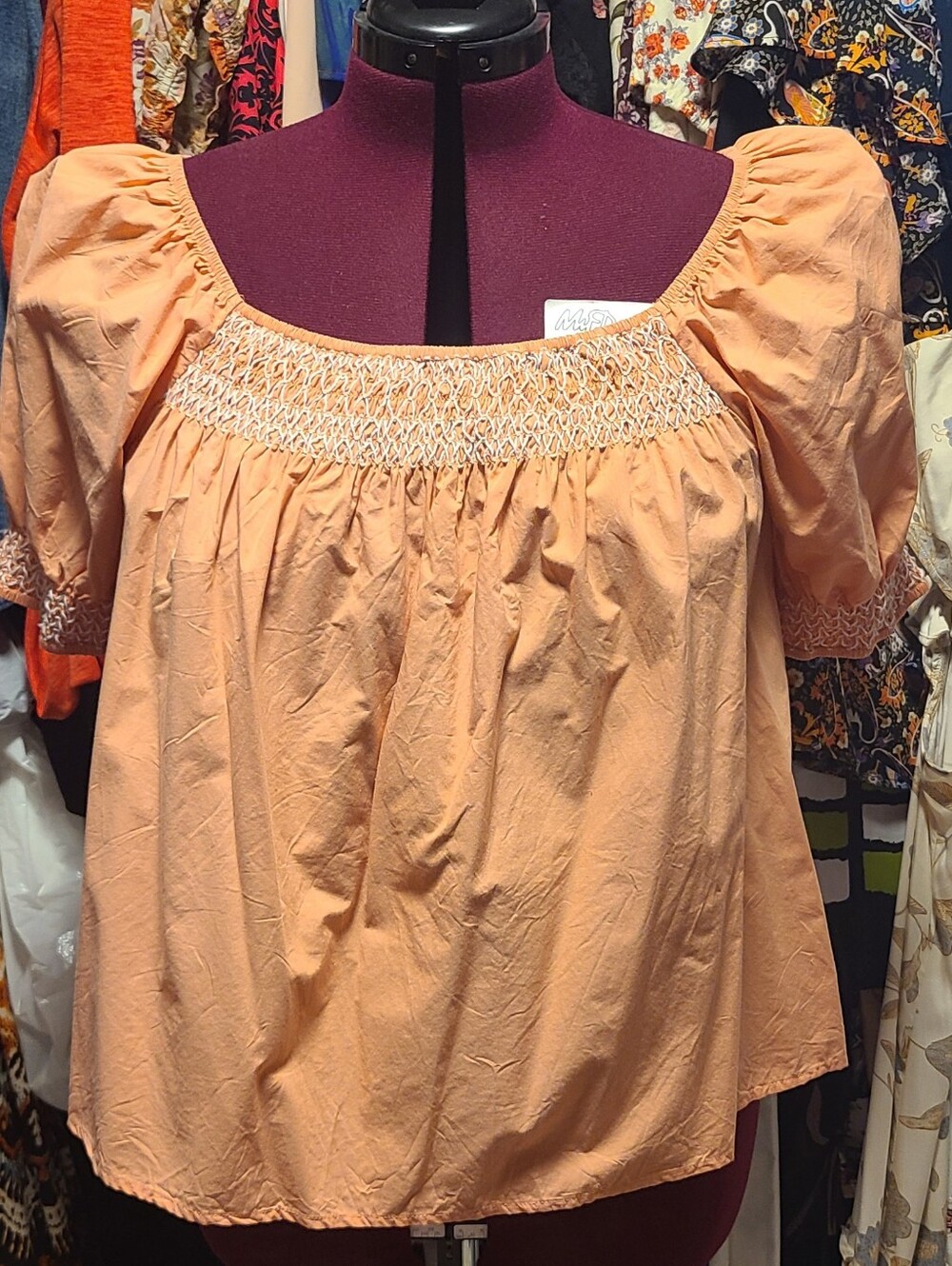 Wonderly Peach Smocked Square-Neck Peasant Blouse